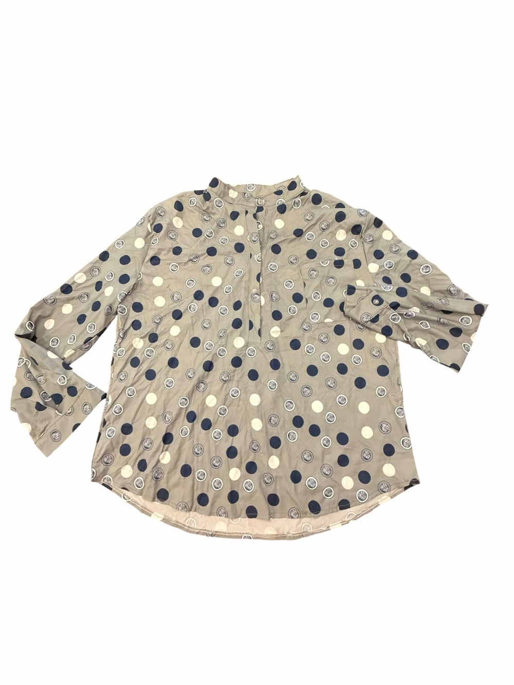 Polka Dot Blouse Roll Tab Sleeve Shirt Grey Blue Size 3X Lightweight Casual